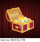 Open dower chest with diamonds, gold and silver coins. 3d view of box with lock and precious sign, brilliant and money in container, golden crown, loot object vector. Red curtain theater background. Loot Box with Gemstone, Brilliant and Coin Vector. Стоковая иллюстрация, агентство Ingram Publishing / Фотобанк Лори