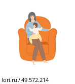 Woman with child, mother and kid toddler spending evening together, lady with kiddo sitting on comfortable and fluffy armchair family isolated. Vector illustration in flat cartoon style. Woman Sitting on Armchair with Toddler Kid Vector. Стоковая иллюстрация, агентство Ingram Publishing / Фотобанк Лори