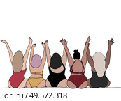 Backview illustration of plus size women sitting next to each other in swimsuit. Women diversity. Стоковое фото, агентство Ingram Publishing / Фотобанк Лори