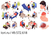 Psychologist psychiatrist isometric set with relationship stress behavior mental problems treatment sessions healthy brain symbol vector illustration. Стоковая иллюстрация, агентство Ingram Publishing / Фотобанк Лори