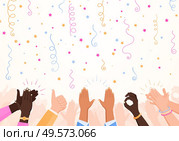 Clapping ok heart hands applause party composition with set of confetti stars and human hand images vector illustration. Стоковая иллюстрация, агентство Ingram Publishing / Фотобанк Лори