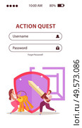 Quest game flat vertical background for mobile version website username and password fields and doodle images vector illustration. Стоковая иллюстрация, агентство Ingram Publishing / Фотобанк Лори