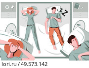 Snore sleep apnea flat composition with view of bedroom and annoyed woman next to snoring man vector illustration. Стоковая иллюстрация, агентство Ingram Publishing / Фотобанк Лори