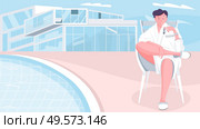 Millionaire house composition with flat doodle character of sitting man in dressing gown with modern building vector illustration. Стоковая иллюстрация, агентство Ingram Publishing / Фотобанк Лори