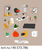 Set for workplace or home office with stylish comfy furniture and modern home decorations in trendy Scandinavian or hygge style. Cozy Interior furnished home plants. Flat cartoon vector illustration. Set for workplace or home office with stylish comfy furniture and modern home decorations in trendy Scandinavian or hygge style. Cozy Interior furnished home plants. Flat cartoon vector. Стоковая иллюстрация, агентство Ingram Publishing / Фотобанк Лори