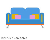 Blue sofa with color pillows isolated on white. Vector interior design, couch piece of furniture, contemporary flat style. Comfortable seat with decor. Blue Sofa with Pillows Isolated Furniture Vector. Стоковая иллюстрация, агентство Ingram Publishing / Фотобанк Лори