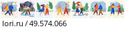 Man and woman walking in rain vector. Couples strolling in summer and winter. People wearing warm clothes in winter, person walking dog. Thunderstorm and rainfall outdoors, characters. Various weather. Couples Walking in Different Weather Conditions. Стоковая иллюстрация, агентство Ingram Publishing / Фотобанк Лори