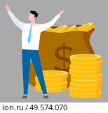 Man worker raising hands, moneybag with coins, salary or tax sign. Employee standing near currency, person and capital, investment and income vector. Moneybag and Worker, Dollar Currency, Work Vector. Стоковая иллюстрация, агентство Ingram Publishing / Фотобанк Лори