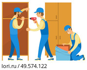 Men in uniform unpacking things. People move to new house or flat. Loaders help in moving. Stepladder and wardrobes, carton boxes vector illustration in flat cartoon style. Loaders Unpacking Goods and Furniture in House. Стоковая иллюстрация, агентство Ingram Publishing / Фотобанк Лори