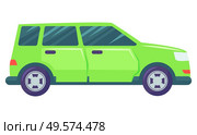 Automobile vector, isolated auto car. Vehicle driving auto moving forward speedy transport. Transportation green color of riding jeep flat style illustration in flat style design for web, print. Car Transport, Jeep Vehicle Modern Automobile. Стоковая иллюстрация, агентство Ingram Publishing / Фотобанк Лори