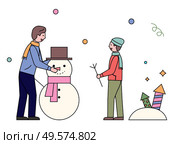 Winter activities of father and son vector. Man and boy sculpting snowman character decorating it with hat and knitted scarf. Family recreation in winter season, dad and child outdoors flat style. Father and Son Sculpting Snowman Outdoors Vector. Стоковая иллюстрация, агентство Ingram Publishing / Фотобанк Лори