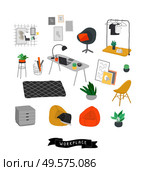 Set for workplace or home office with stylish comfy furniture and modern home decorations in trendy Scandinavian or hygge style. Cozy Interior furnished home plants. Flat cartoon vector illustration. Set for workplace or home office with stylish comfy furniture and modern home decorations in trendy Scandinavian or hygge style. Cozy Interior furnished home plants. Flat cartoon vector. Стоковая иллюстрация, агентство Ingram Publishing / Фотобанк Лори