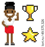 Woman pixel character with symbols cup and star, portrait view of smiling female wearing dress waving hand, person with dark skin, pixelart vector. Pixelated business woman. Woman Superhero, Cup and Star, Pixel Game Vector. Стоковая иллюстрация, агентство Ingram Publishing / Фотобанк Лори