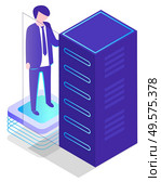Man with supercomputer technologies vector, isolated male worker at office. Database center info storage, datacenter with modern innovation and systems station. Illustration in isometric 3d style. Database Storage of Information, Datacenter Worker. Стоковая иллюстрация, агентство Ingram Publishing / Фотобанк Лори