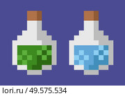 Elixirs for healing vector, isolated glass bottles with potion for curing or poison, pixel game elements, graphics of 80s 8 bit games, magical liquids set. Potions in Glass Bottles, Pixel Game Art Graphics. Стоковая иллюстрация, агентство Ingram Publishing / Фотобанк Лори