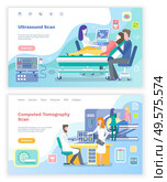 Ultrasound scan vector, gynecologist showing embryo to mother and father of baby. Computed tomography scanning and x rays disease diagnostics. Website or webpage template, landing page flat style. Ultrasound Scan and Computed Tomography Website. Стоковая иллюстрация, агентство Ingram Publishing / Фотобанк Лори