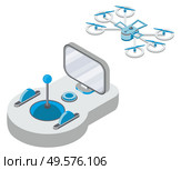 Drone with remote controller, wireless device with propellers, quadcopter symbol, aircraft with remotely radio controlled flying robots, discovery air robot for video and photo, multicopter vector. Quadcopter and Remote Controller, Drone Vector. Стоковая иллюстрация, агентство Ingram Publishing / Фотобанк Лори