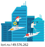 Man and woman with magnifier standing on paper plane, skyscraper view. Business ambitions, company success, top symbol, leadership icon, development vector. Workers Researching, Company Strategy, Top Vector. Стоковая иллюстрация, агентство Ingram Publishing / Фотобанк Лори