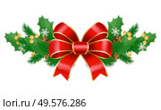 Symbolic christmas decoration. Isolated mistletoe with fir tree branches, pine cone and red ribbon bow decor. Greenery decorated with snowflakes ornaments. Xmas and new year adornment vector. Mistletoe and Pine Tree Branch with Ribbon Bow. Стоковая иллюстрация, агентство Ingram Publishing / Фотобанк Лори