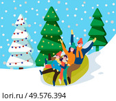 Family riding together in snowy forest. Mother, father and their children tubing downhill. Parents spend time with kids. Recreational wintertime activity that similar to sledding. Vector in flat. Family Tubing in Snowy Forest, Wintertime Activity. Стоковая иллюстрация, агентство Ingram Publishing / Фотобанк Лори