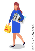 Female character walking with purchased items in hands. Isolated personage holding microwave oven appliance for kitchen and cooking. Woman carrying paper bag with percent symbol of sale vector. Happy Buyer Woman with Microwave Oven and Bag. Стоковая иллюстрация, агентство Ingram Publishing / Фотобанк Лори