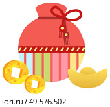 Chinese bag for luck vector, isolated fabric sac with traditional colors and ornaments. Oriental style of design. China elements and cookies with prediction, golden coins. Success and happiness signs. Fortune Bag with Cookies and Golden Coins Vector. Стоковая иллюстрация, агентство Ingram Publishing / Фотобанк Лори