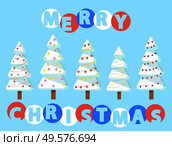 Merry Christmas greeting card, pine trees covered with snow and decorated with baubles. Red garlands on spruce and text. Celebration of winter holidays and new year. Firtree with lights vector. Merry Christmas Pine Trees with Snow and Garlands. Стоковая иллюстрация, агентство Ingram Publishing / Фотобанк Лори