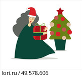 Illustration of woman or Mrs Claus character leaving a gift on Christmas Tree. Isolated on background. Стоковое фото, агентство Ingram Publishing / Фотобанк Лори