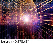 Emergence of the Mind series. Background of human head silhouettes and number grids on the subject of general artificial intelligence and modern technology. Стоковое фото, агентство Ingram Publishing / Фотобанк Лори