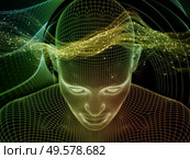 Inner Light. Lucid Mind series. Backdrop composed of 3D rendering of glowing wire mesh human face for projects on artificial intelligence, human consciousness and spiritual AI. Стоковое фото, агентство Ingram Publishing / Фотобанк Лори