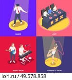 2x2 isometric icons set with jury people singing and dancing at talent contest 3d isolated vector illustration. Стоковая иллюстрация, агентство Ingram Publishing / Фотобанк Лори