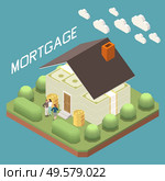 Bank mortgage for buying home isometric composition with family in front of house from banknotes vector illustration. Стоковая иллюстрация, агентство Ingram Publishing / Фотобанк Лори