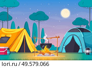 Camping composition with two tents fire cool box on background with trees and night sky cartoon vector illustration. Стоковая иллюстрация, агентство Ingram Publishing / Фотобанк Лори
