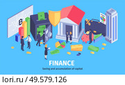 Financial success wealth accumulation isometric composition with saving secure profitable investment analysis advisors electronic wallet vector illustration. Стоковая иллюстрация, агентство Ingram Publishing / Фотобанк Лори
