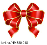 Red ribbon bow with golden borders. Isolated decorative element used in decoration of various items. Gifts presents boxes and cards decor, banners or brochure adornment. Vector in flat style. Red Ribbon Bow Used for Decoration of Gifts Vector. Стоковая иллюстрация, агентство Ingram Publishing / Фотобанк Лори
