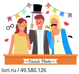 Group of friends posing with photo booth props. Paper glasses, cylinder hat, red clown nose and other party accessories and decoration. Teenage boy and girls in funny costumes vector illustration. Friends Posing for Photo with Accessories Vector. Стоковая иллюстрация, агентство Ingram Publishing / Фотобанк Лори