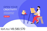 Artist creative professions horizontal banner with female character of painter with easel editable text and button vector illustration. Стоковая иллюстрация, агентство Ingram Publishing / Фотобанк Лори
