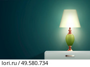 House lighting lamp realistic composition with solid blue wall and bedside table with small designer lamp vector illustration. Стоковая иллюстрация, агентство Ingram Publishing / Фотобанк Лори