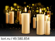 Realistic candles background with burning candles of different size with flame and blurred specks of light vector illustration. Стоковая иллюстрация, агентство Ingram Publishing / Фотобанк Лори