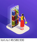 Reading isometric composition with character of woman in headphones choosing book from case in smartphone screen vector illustration. Стоковая иллюстрация, агентство Ingram Publishing / Фотобанк Лори