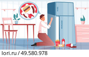 Gluttony flat composition with view of kitchen with man next to fridge with junk fast food vector illustration. Стоковая иллюстрация, агентство Ingram Publishing / Фотобанк Лори
