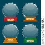 Holiday souvenirs with captions, hello winter and let it snow, snowy day and holly jolly. Four transparent spheres isolated on white. Empty snowglobe made of glass. Xmas round shaped toy, vector. Souvenir Made of Glass, Snow Globes with Captions. Стоковая иллюстрация, агентство Ingram Publishing / Фотобанк Лори