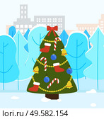 Xmas pine tree decorated for winter holidays. Cityscape with buildings in distance. Cold scenery with symbol of new year, adorned with candy toys, bells and socks. Frosty day vector in flat style. Christmas Tree Decorated with Bows and Garlands. Стоковая иллюстрация, агентство Ingram Publishing / Фотобанк Лори