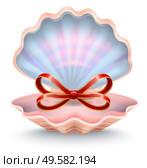 Gift card with red ribbon in shape of bow in open seashell. Holiday postcard decorated by shell symbol with silk elegant stripe. Valentine greeting card with aqua symbol with accessory on white vector. Seashell with Red Ribbon Symbol Gift Card Vector. Стоковая иллюстрация, агентство Ingram Publishing / Фотобанк Лори