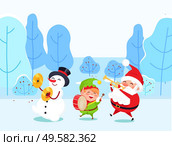 Musical group of cartoon characters playing instrument in winter park. Santa Claus, snowman and elf fairy hero singing song in snowy forest. Players with drum and fife objects near fir-trees vector. Santa and Snowman with Elf in Winter Park Vector. Стоковая иллюстрация, агентство Ingram Publishing / Фотобанк Лори