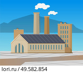 Industrial enterprises vector, cityscapes and cities with factories. Smoke and fumes from pipes, industry development, manufacture old town structure. Urbanscape road Building of factory. Flat cartoon. Factories and Enterprises, Industry Manufacturing. Стоковая иллюстрация, агентство Ingram Publishing / Фотобанк Лори