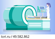 Special device for mri vector, isolated assistant doctor with patient. Magnetic resonance scanning, nurse with male on table, radiology in hospital. MRI Clinical Diagnostics Patient Laying on Table. Стоковая иллюстрация, агентство Ingram Publishing / Фотобанк Лори