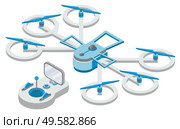 Drone with remote controller, wireless device with propellers, quadcopter symbol, aircraft with remotely radio controlled flying robots, discovery air robot for video and photo, multicopter vector. Quadcopter and Remote Controller, Drone Vector. Стоковая иллюстрация, агентство Ingram Publishing / Фотобанк Лори