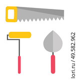 Construction equipments saw, roller and spatula, renovation and mending instruments on white. Handle tool in flat design style, engineering object vector. Repair Tool, Saw and Roller, Putty Knife Vector. Стоковая иллюстрация, агентство Ingram Publishing / Фотобанк Лори
