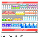 Stand with dairy products in supermarket. Grocery store with big cooler and fresh goods on it. Organic, natural food like milk and sour cream, yogurt and kefir. Vector illustration in flat style. Dairy Products, Cooler Fridge at Supermarket, Sale. Стоковая иллюстрация, агентство Ingram Publishing / Фотобанк Лори
